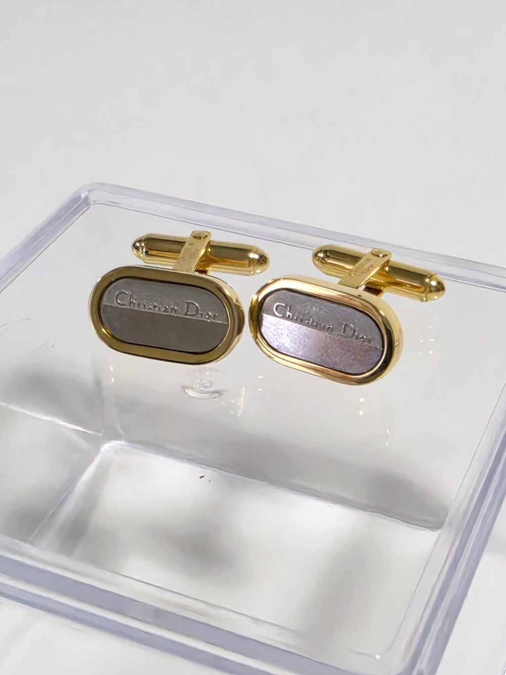 Authentic Christian Dior Gold-Tone and Silver Cufflinks - Oval Logo